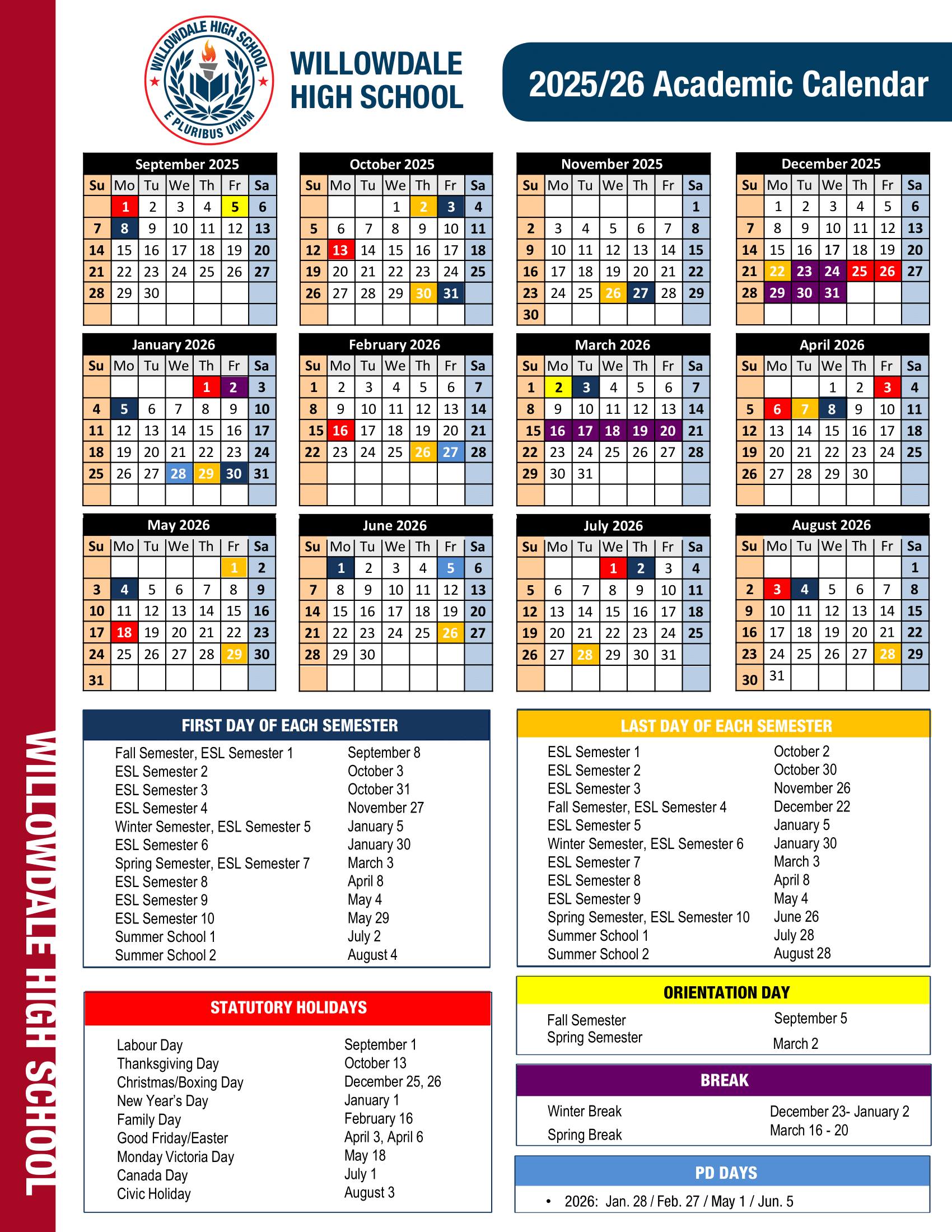 Willowdale High School Calendar